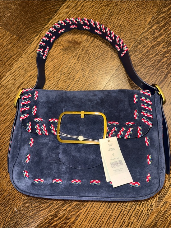 Tory Burch Handbags - Tory Burch Navy Suede Shoulder Bag with Red-White Trim and Gold Buckle